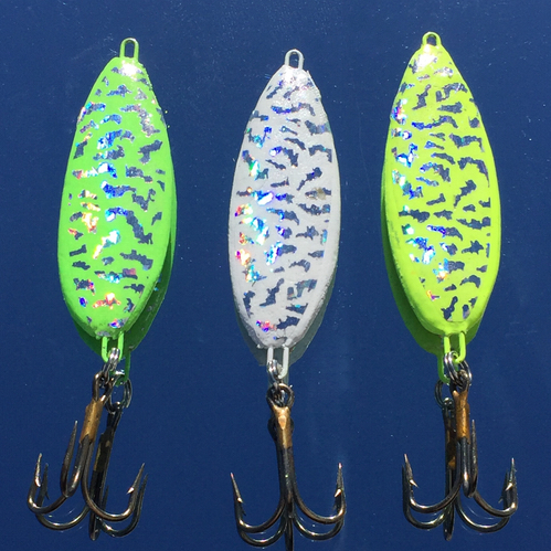 3 - 1 oz Slab Fishing Jigging Lure Casting Lead Spoon White / Chartreuse