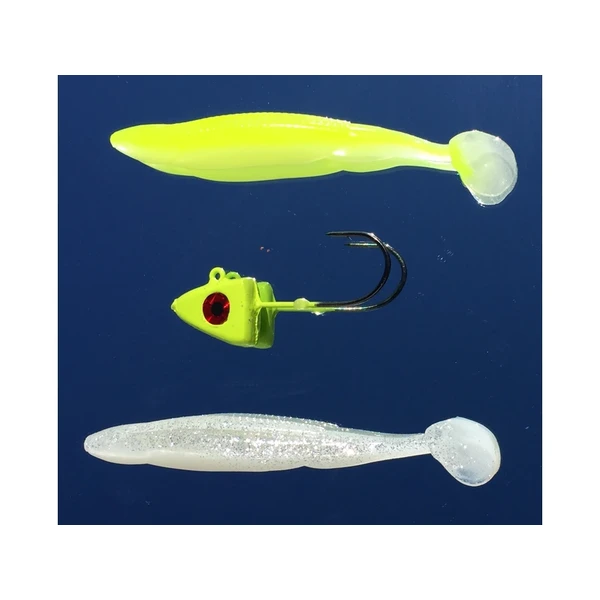 Chartreuse and pearl paddle tail swimbaits with a jig head for striper fishing.
