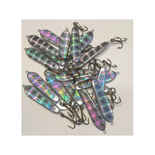 Silver holographic slab spoons with treble hooks for striper fishing.