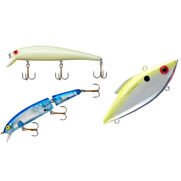 Lipless crankbait and minnow-shaped freshwater striper fishing lures.