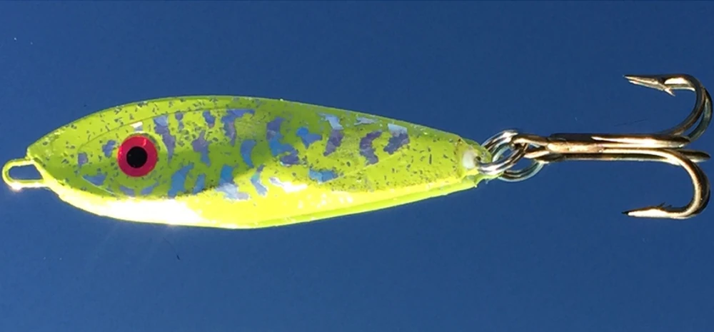 Chartreuse slab spoon for freshwater striper fishing.